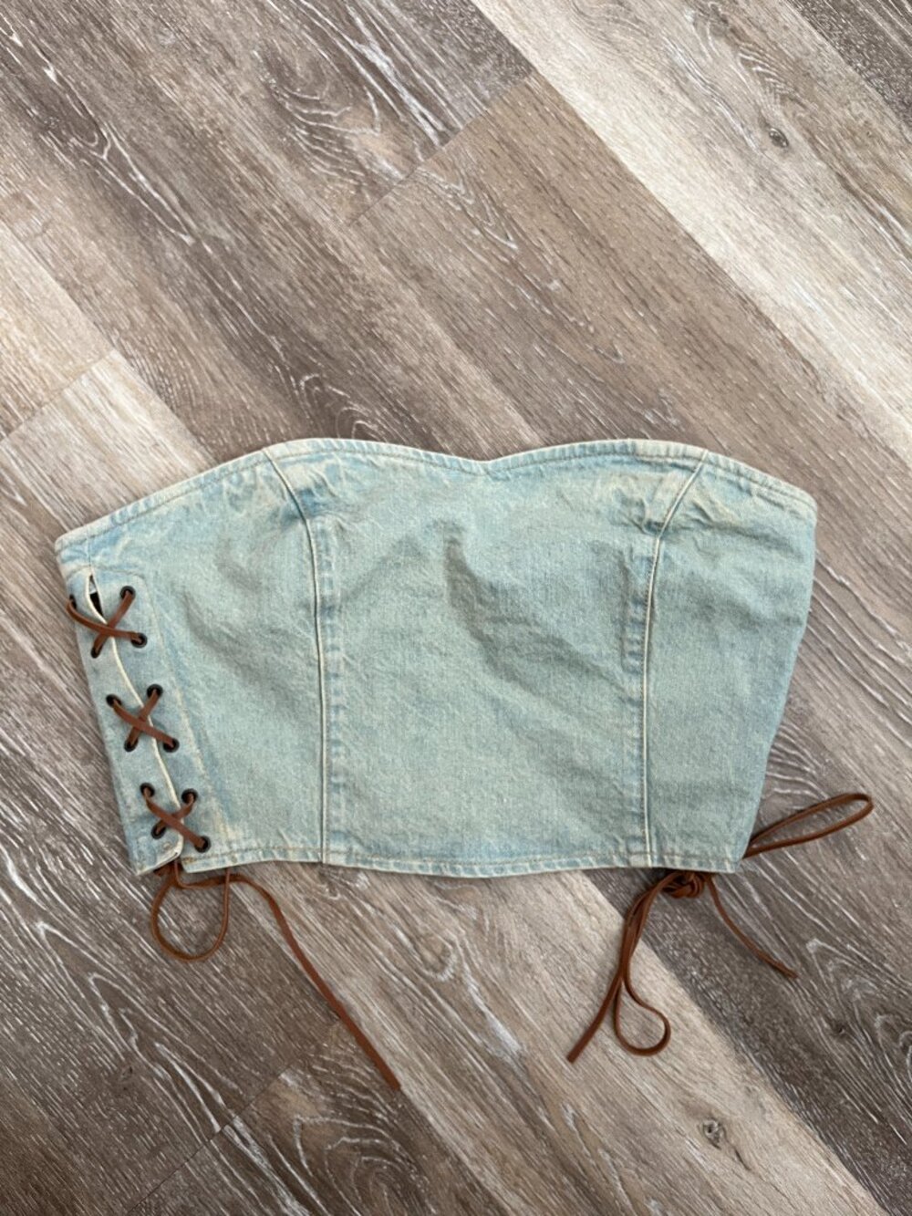 Light Blue Tan Wash Jean Lace Up Strapless Corset Style Crop Top